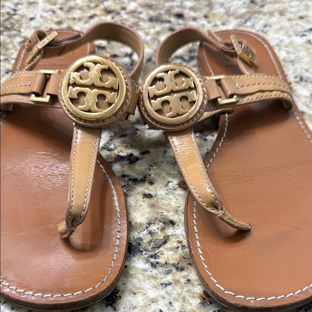 Tory Burch Tan Sandals with Gold Logo